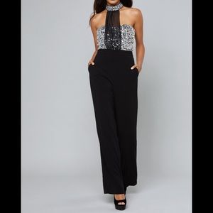 Mirror beaded mock neck jumpsuit from Bebe